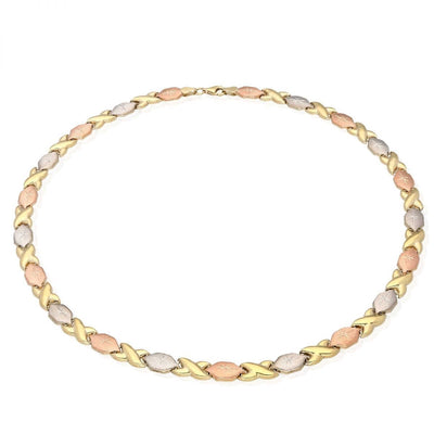 10K Tri-Color Gold Hugs & Kisses XO Necklace (Hollow) 17"