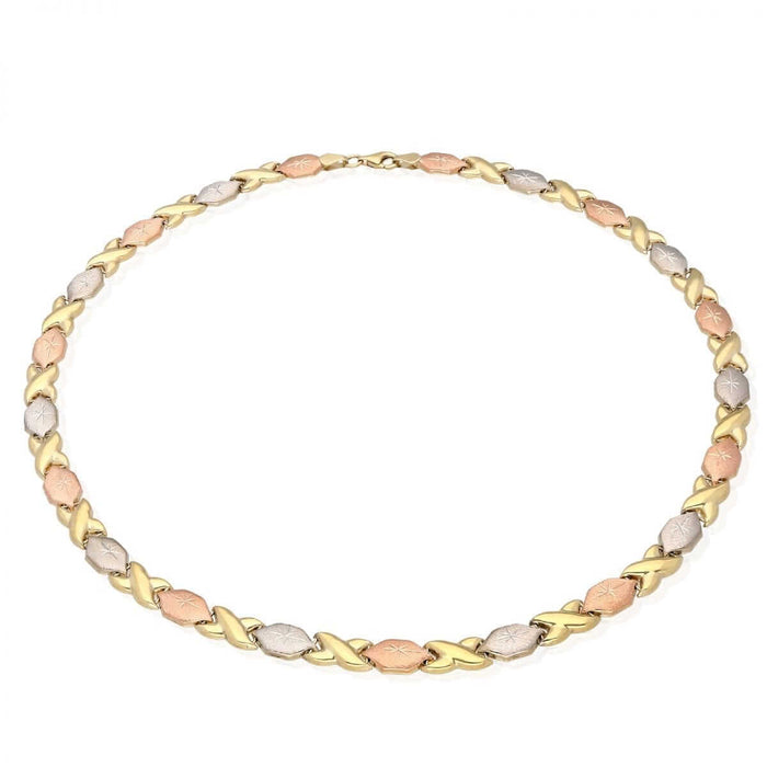 10K Tri-Color Gold Hugs & Kisses XO Necklace (Hollow) 17"