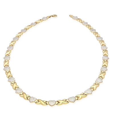 10K Two-Tone Gold Diamond-Cut Hearts & Kisses XO Necklace (Hollow) 17.5"