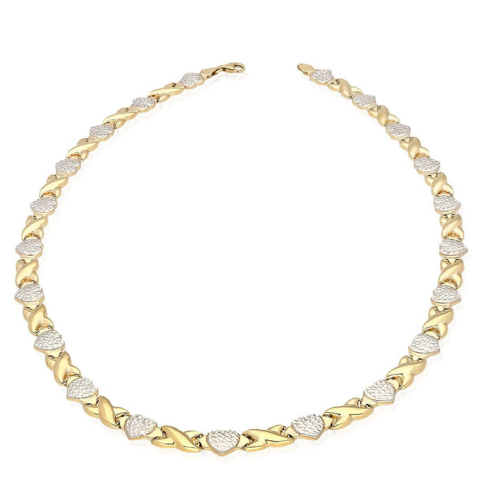 10K Two-Tone Gold Diamond-Cut Hearts & Kisses XO Necklace (Hollow) 17.5"