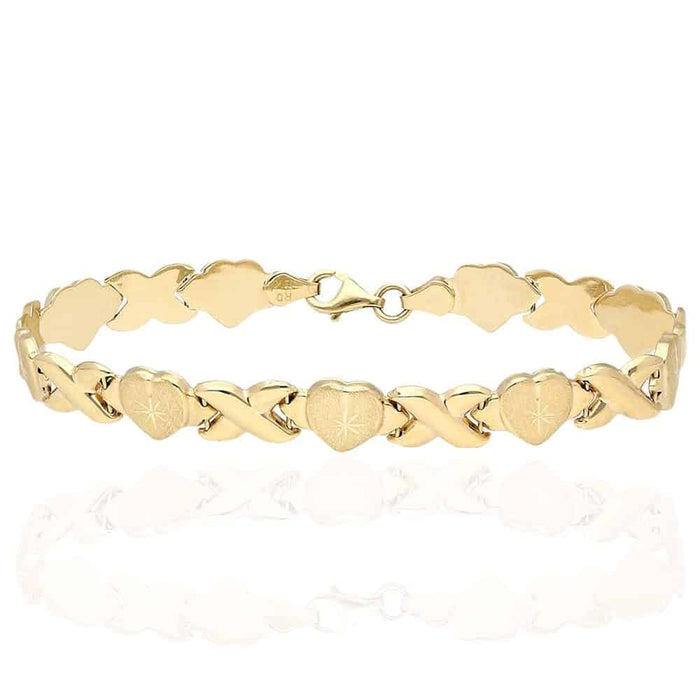 10K Yellow Gold Diamond-Cut Hearts & Kisses XO Bracelet (Hollow) 7.25"-8"