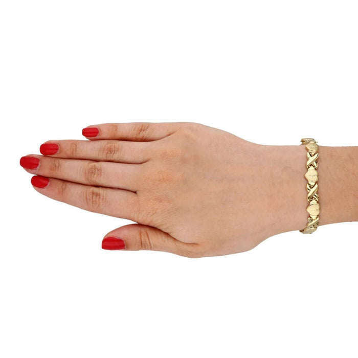 10K Yellow Gold Diamond-Cut Hearts & Kisses XO Bracelet (Hollow) 7.25"-8"