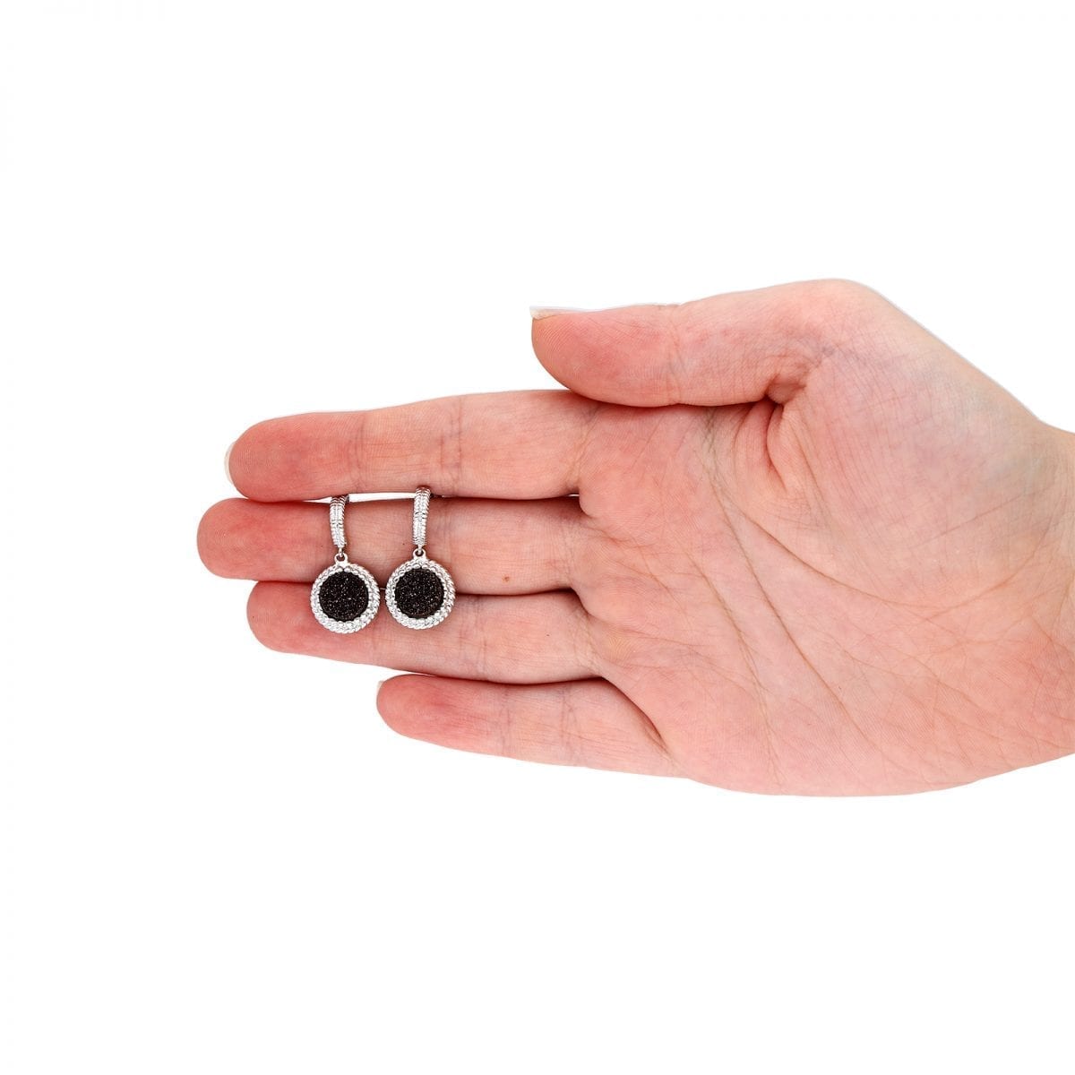 925 Sterling Silver Black Druzy  Push Back Earrings 26mm