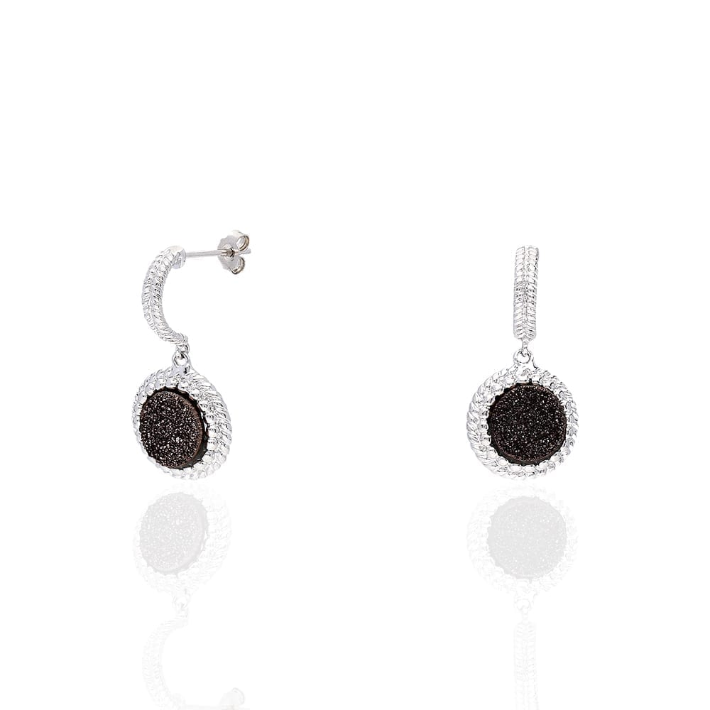 925 Sterling Silver Black Druzy  Push Back Earrings 26mm