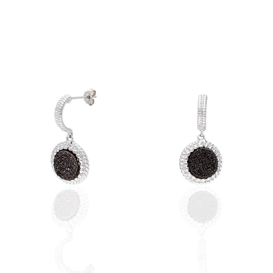 925 Sterling Silver Black Druzy  Push Back Earrings 26mm