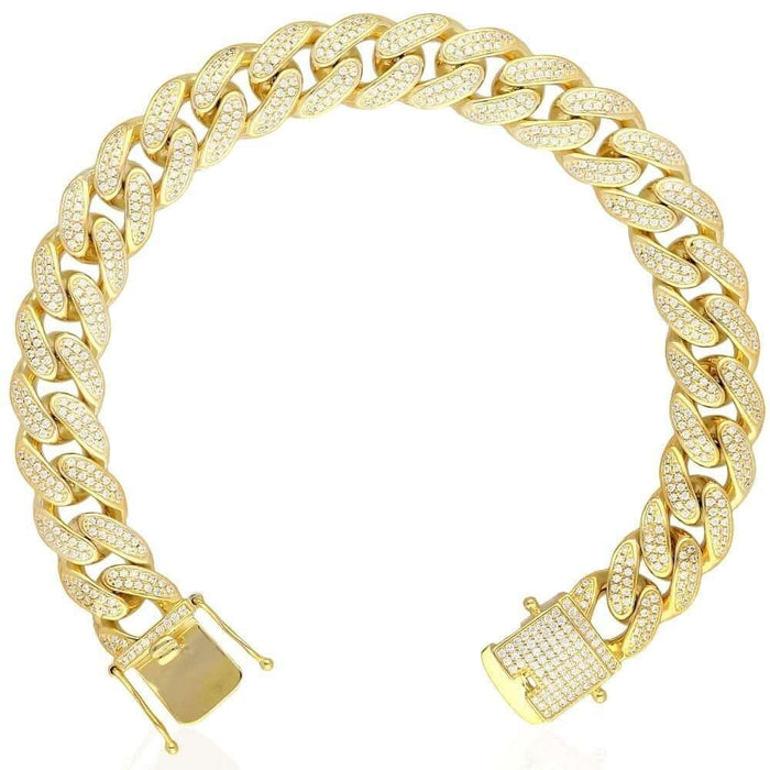 18K Gold Over Sterling Silver 12mm Pavé CZ Miami Cuban Bracelet (Solid Links) 9"