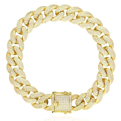 18K Gold Over Sterling Silver 12mm Pavé CZ Miami Cuban Bracelet (Solid Links) 9"