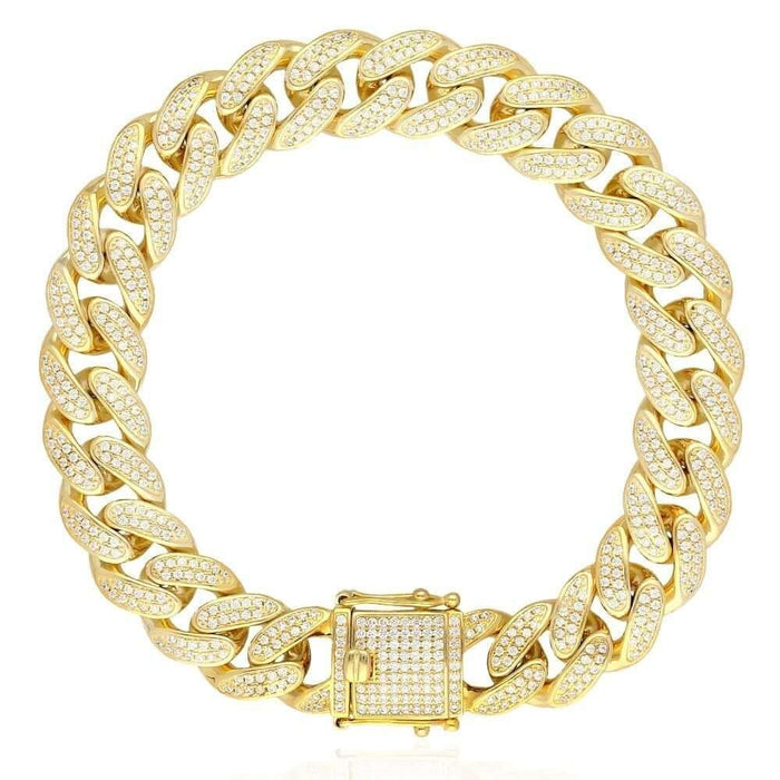 18K Gold Over Sterling Silver 12mm Pavé CZ Miami Cuban Bracelet (Solid Links) 9"