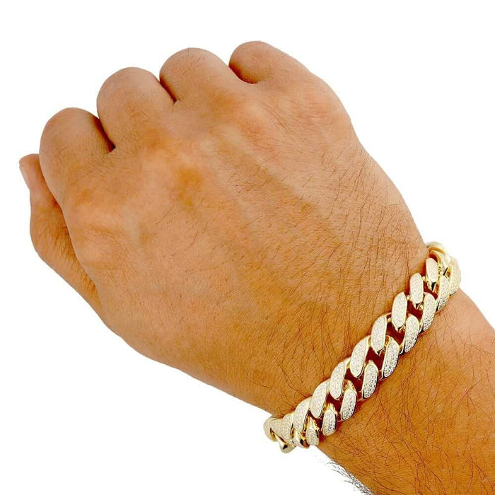 18K Gold Over Sterling Silver 12mm Pavé CZ Miami Cuban Bracelet (Solid Links) 9"