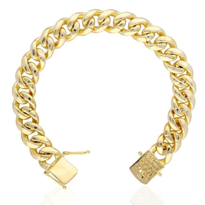 18K Gold Over Sterling Silver 12mm Pavé CZ Miami Cuban Bracelet (Solid Links) 9"