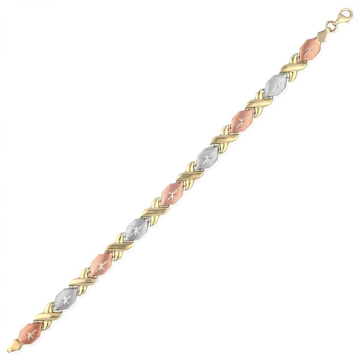 10K Tri-Color Gold Diamond-Cut Hugs & Kisses XO Bracelet (Hollow) 7"