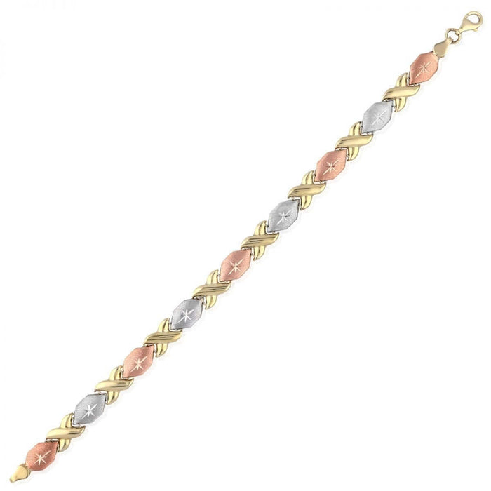 10K Tri-Color Gold Diamond-Cut Hugs & Kisses XO Bracelet (Hollow) 7"