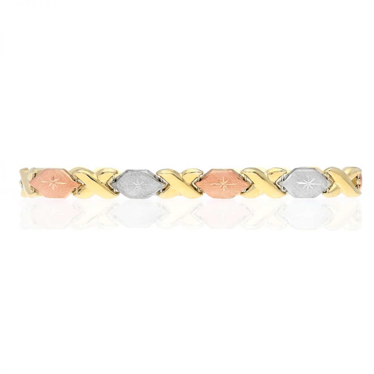 10K Tri-Color Gold Diamond-Cut Hugs & Kisses XO Bracelet (Hollow) 7"