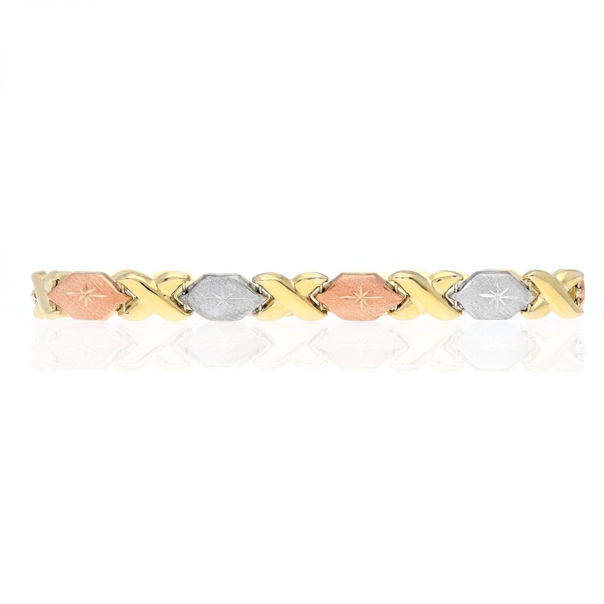 10k Gold Tri-Color Diamond-Cut Hugs & Kisses XO Bracelet 7"