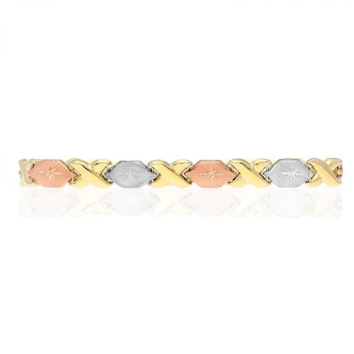 10K Tri-Color Gold Diamond-Cut Hugs & Kisses XO Bracelet (Hollow) 7"