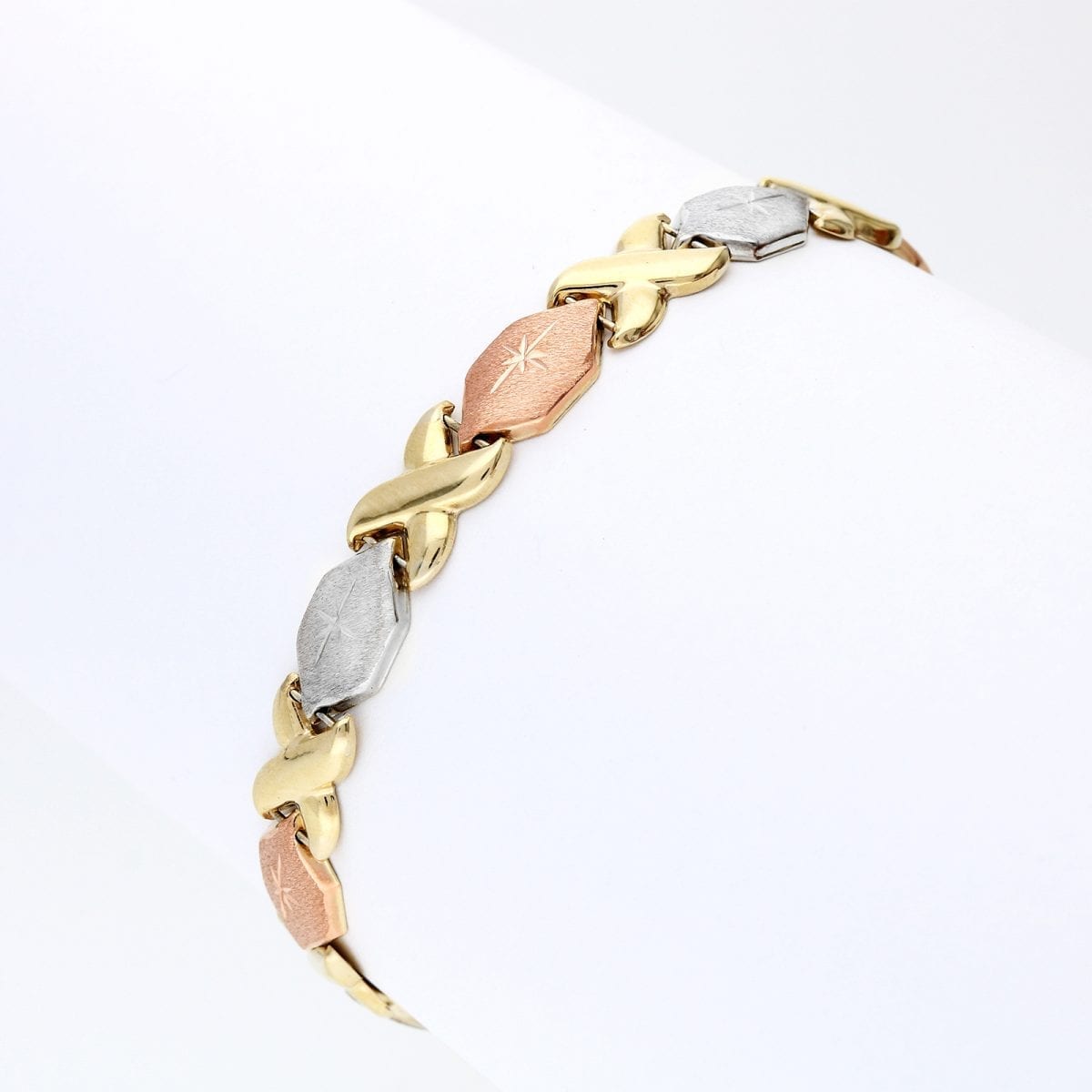 10k Gold Tri-Color Diamond-Cut Hugs & Kisses XO Bracelet 7"