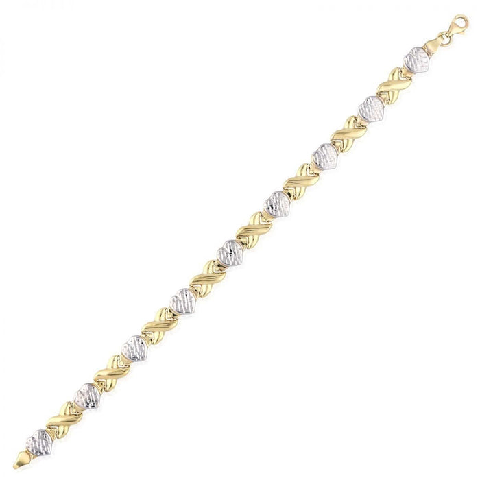 10K Gold Two-Tone Diamond-Cut Hearts & Kisses XO Bracelet (Hollow) 8"