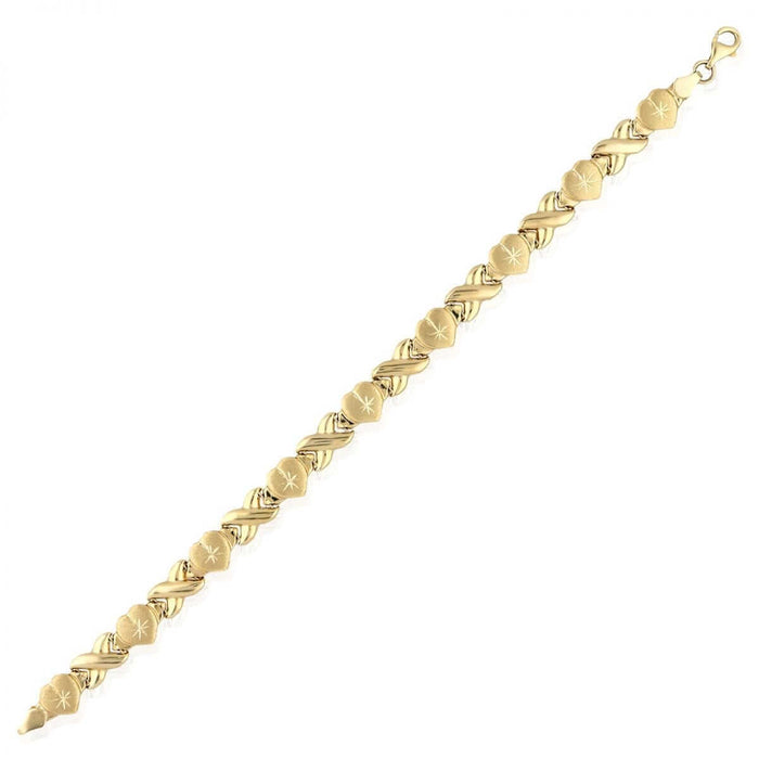 10K Yellow Gold Diamond-Cut Hearts & Kisses XO Bracelet (Hollow) 7.25"-8"