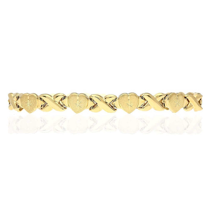 10K Yellow Gold Diamond-Cut Hearts & Kisses XO Bracelet (Hollow) 7.25"-8"