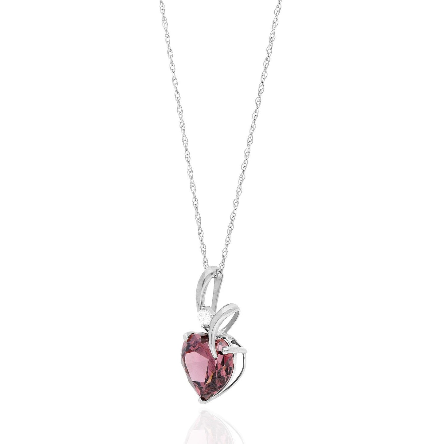 14K White Gold Cubic Zirconia And Heart Shape Birthstone Pendant w/ 18" Chain