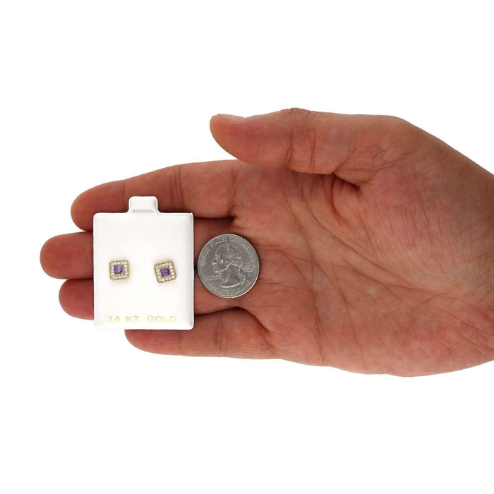 14K Yellow Gold Square Color Gemstone Screw Back Halo Stud Earrings