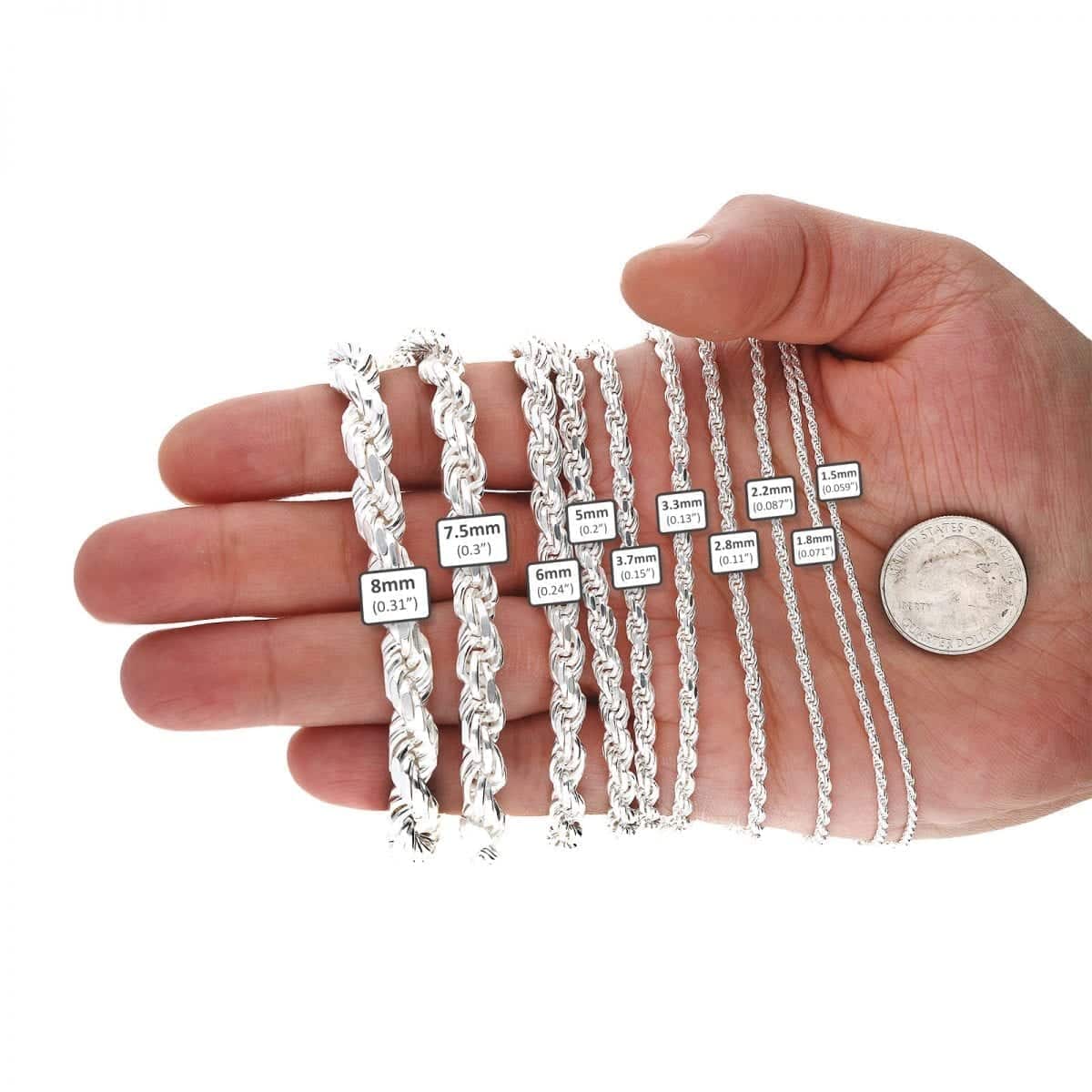 Sterling Silver 1.5mm-8mm Rope Chain (Solid Links) 16"-30"