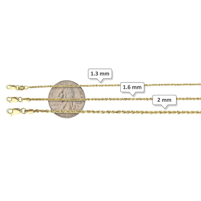 10K Yellow Gold 1.3mm-2mm Diamond-Cut Rope Anklet (Solid Links) 10"