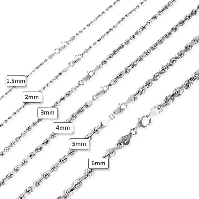 10K White Gold 2mm Diamond-Cut Rope Chain (Solid Links) 16"-26"