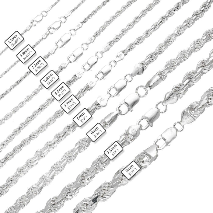 Sterling Silver 1.5mm-8mm Rope Chain (Solid Links) 16"-30"