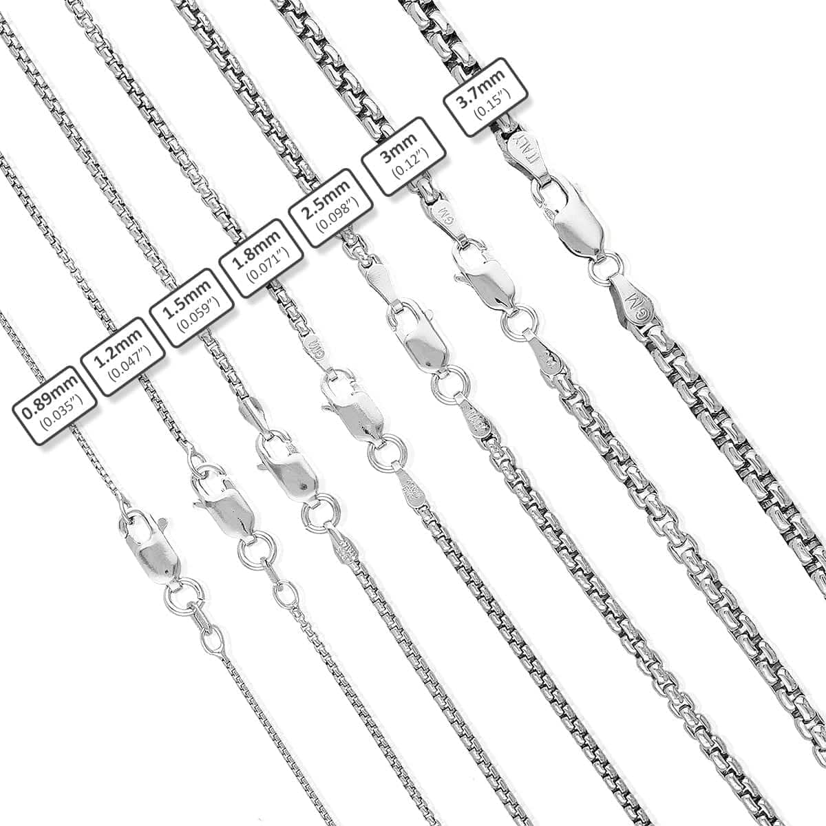 925 Sterling Silver Rhodium Italian Solid Round Box  Chain 0.85-3.7mm 16-30"