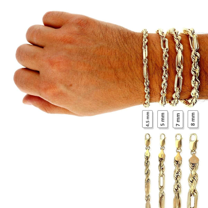 10K Yellow Gold Diamond-Cut Milano 4.5-8mm Figaro Rope Bracelet (Hollow) 8.5"