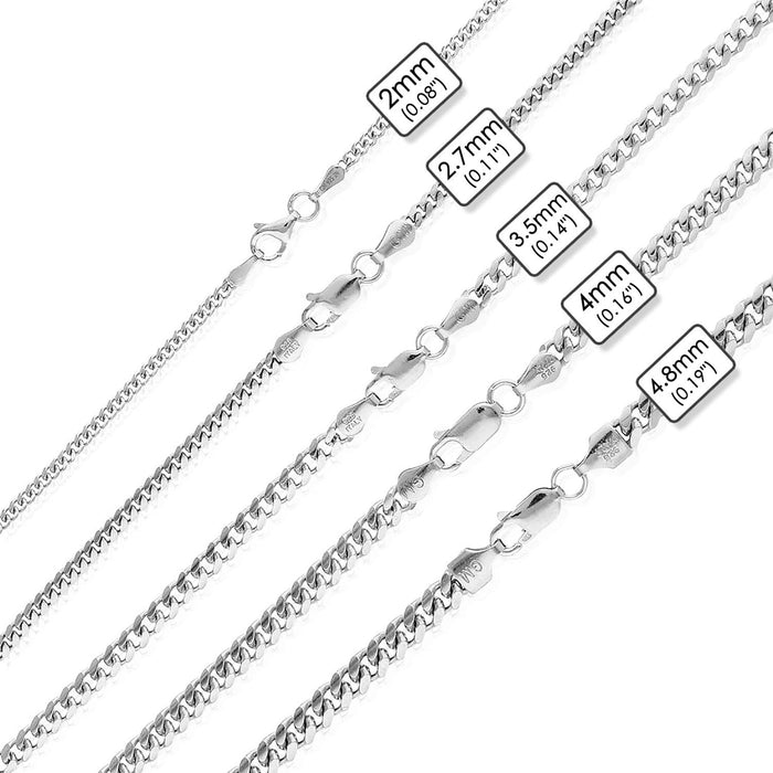 Sterling Silver 2mm-4.8mm Miami Cuban Chain (Solid Links) 16"-30"