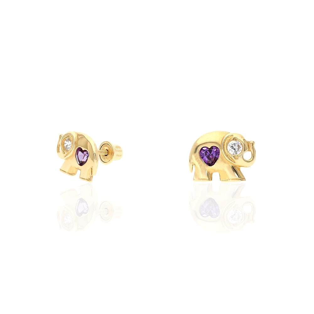 14k Yellow Gold Heart Birthstone Elephant Screw Back Stud Earrings