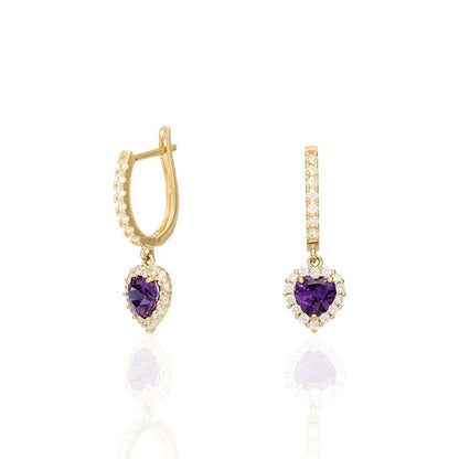 14k Yellow Gold White Gold Heart Birthstone Diamond Halo  Earrings 1"