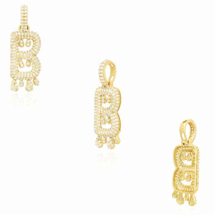 14K Yellow Gold CZ Iced Out Dripping Initial Letter Pendant 1.7"
