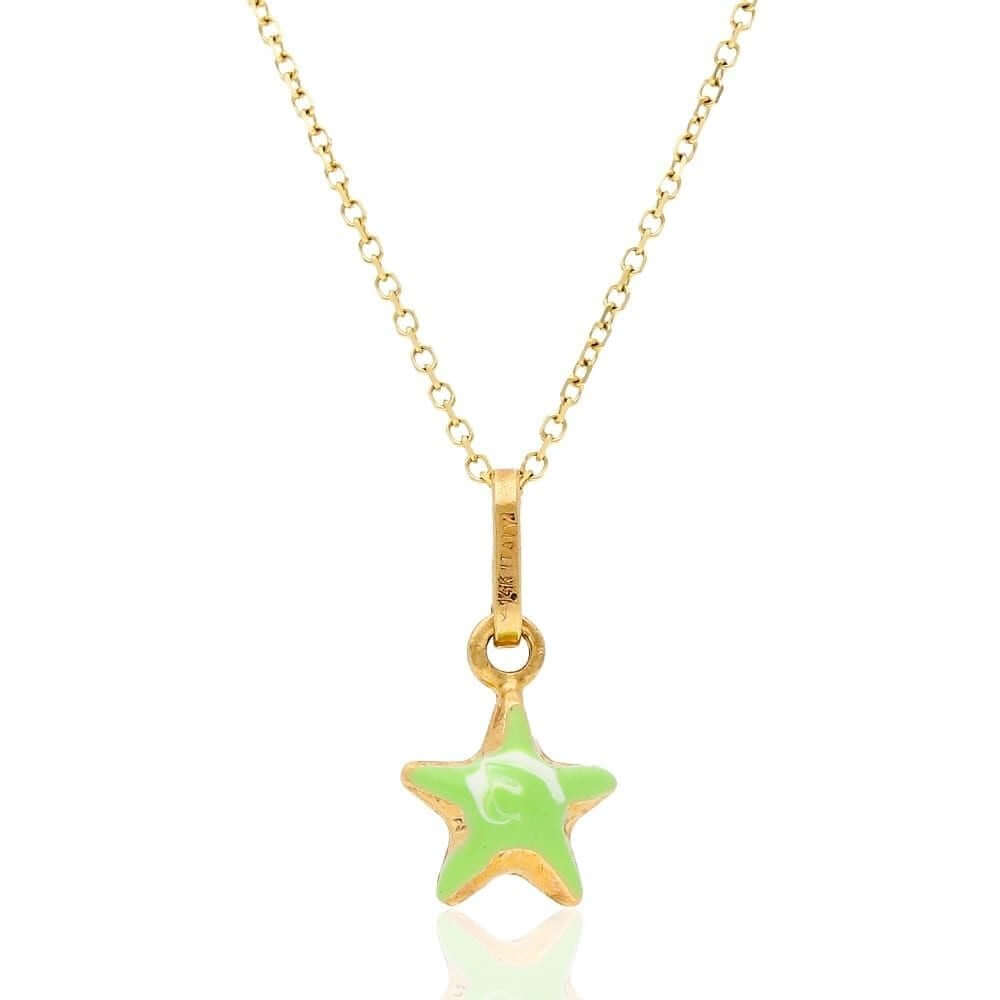 14k Yellow Gold Green Enamel Star KidsPendant Cable Chain 18"