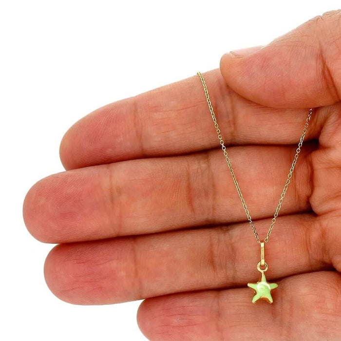 14k Yellow Gold Green Enamel Star KidsPendant Cable Chain 18"