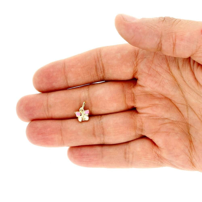 Kids 14K Yellow Gold Pink White Enamel Butterfly Pendant Cable Necklace 16" 18"