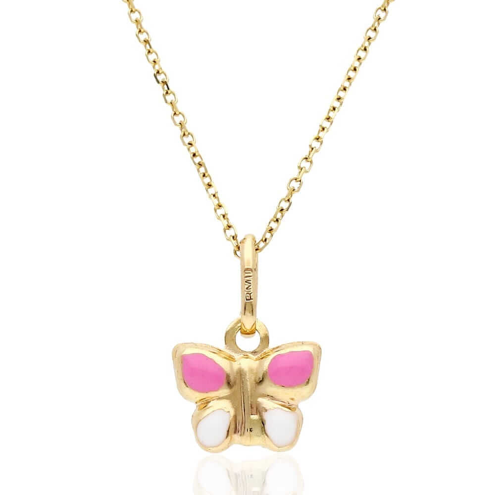 Kids 14K Yellow Gold Pink White Enamel Butterfly Pendant Cable Necklace 16" 18"