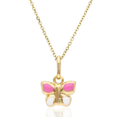 Kids 14K Yellow Gold Pink White Enamel Butterfly Pendant Cable Necklace 16" 18"