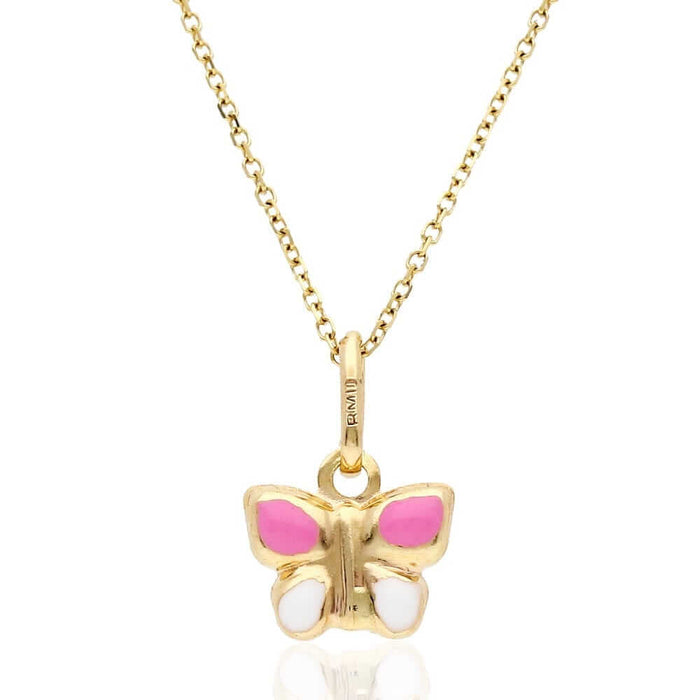 Kids 14K Yellow Gold Pink White Enamel Butterfly Pendant Cable Necklace 16" 18"
