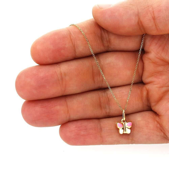 Kids 14K Yellow Gold Pink White Enamel Butterfly Pendant Cable Necklace 16" 18"