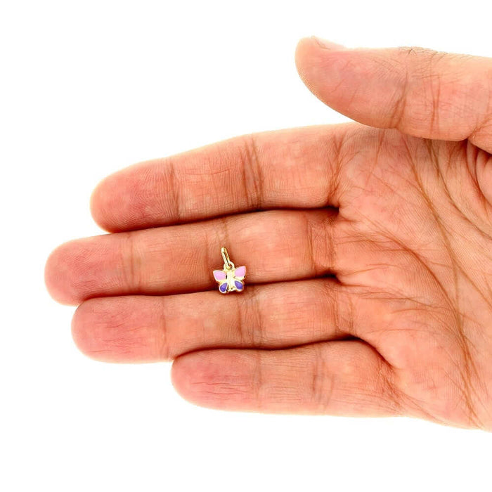 Kids 14K Yellow Gold Pink Purple Enamel Butterfly Pendant Cable Necklace 16-18"