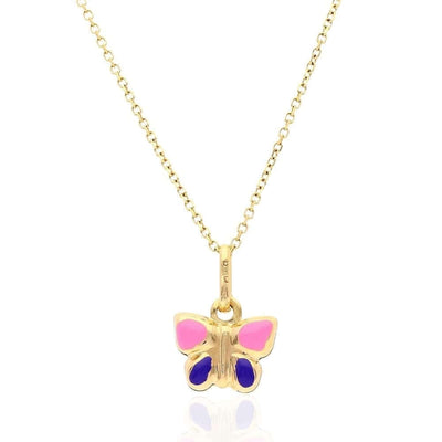 Kids 14K Yellow Gold Pink Purple Enamel Butterfly Pendant Cable Necklace 16-18"