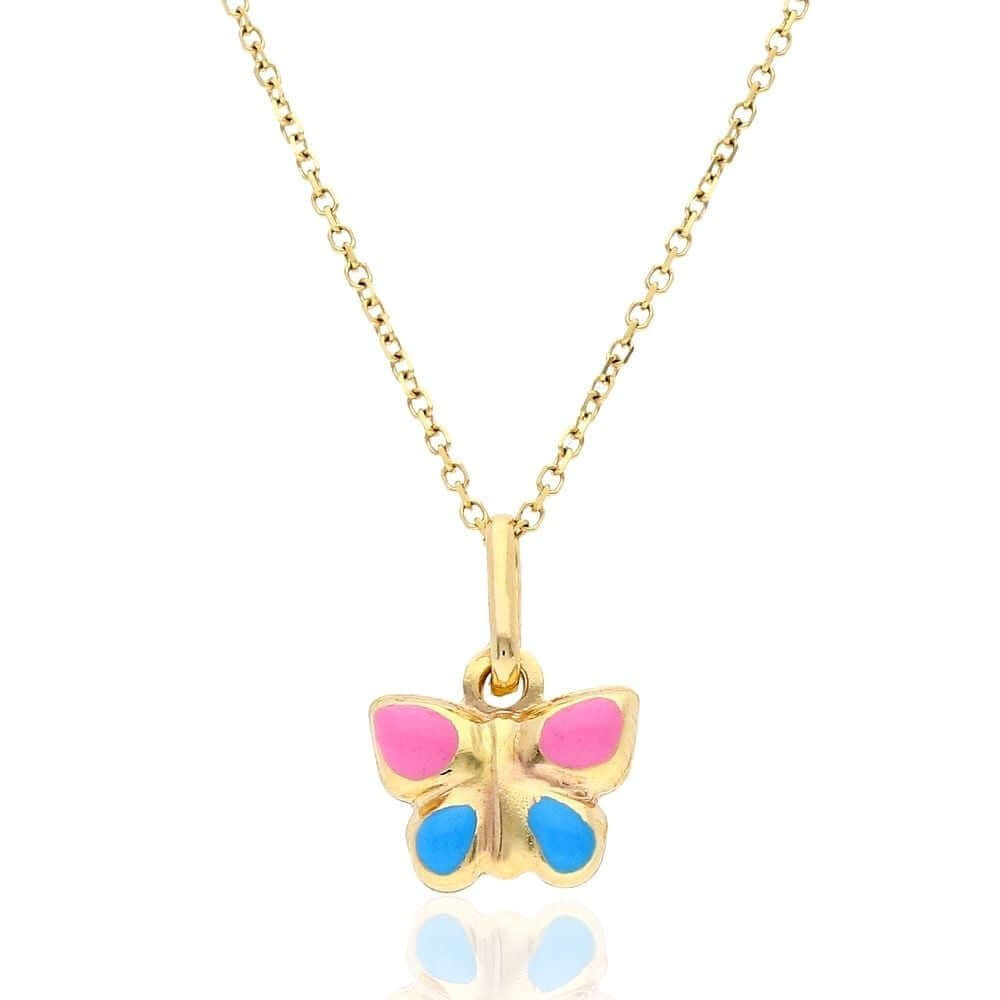 Kids 14K Yellow Gold Pink Blue Enamel Butterfly Pendant Cable Necklace 16" 18"