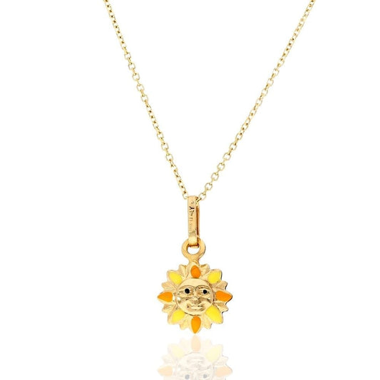 14k Yellow Gold Enamel Sun Kid's Pendant 1mm Cable Chain Necklace 16" 18"