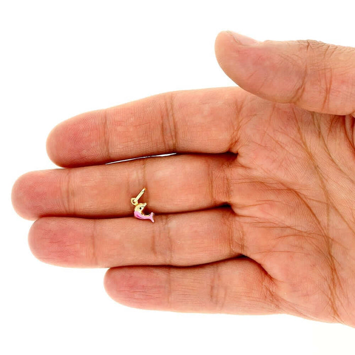 14k Yellow Gold Pink Enamel Dolphin Pendant With Cable Chain 16-18"