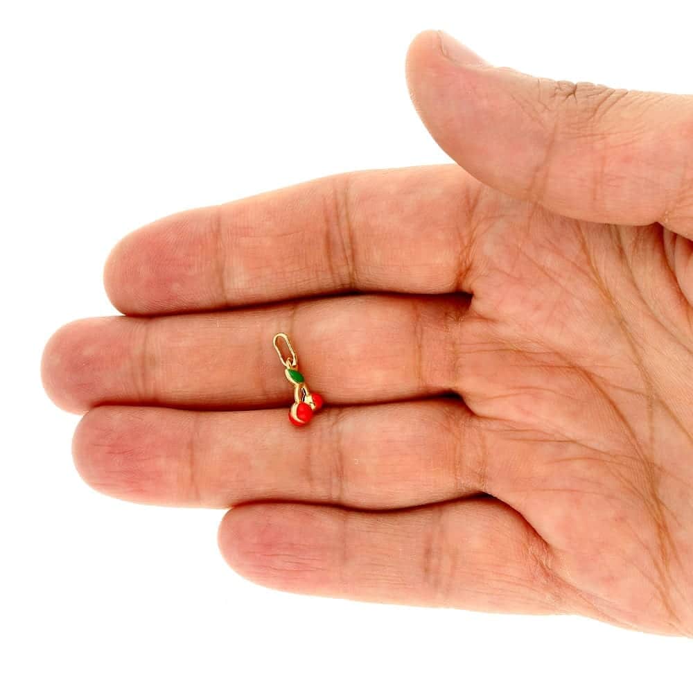 14k Yellow Gold Red Enamel Cherry Kid's Pendant Cable Chain Necklace 16" 18"