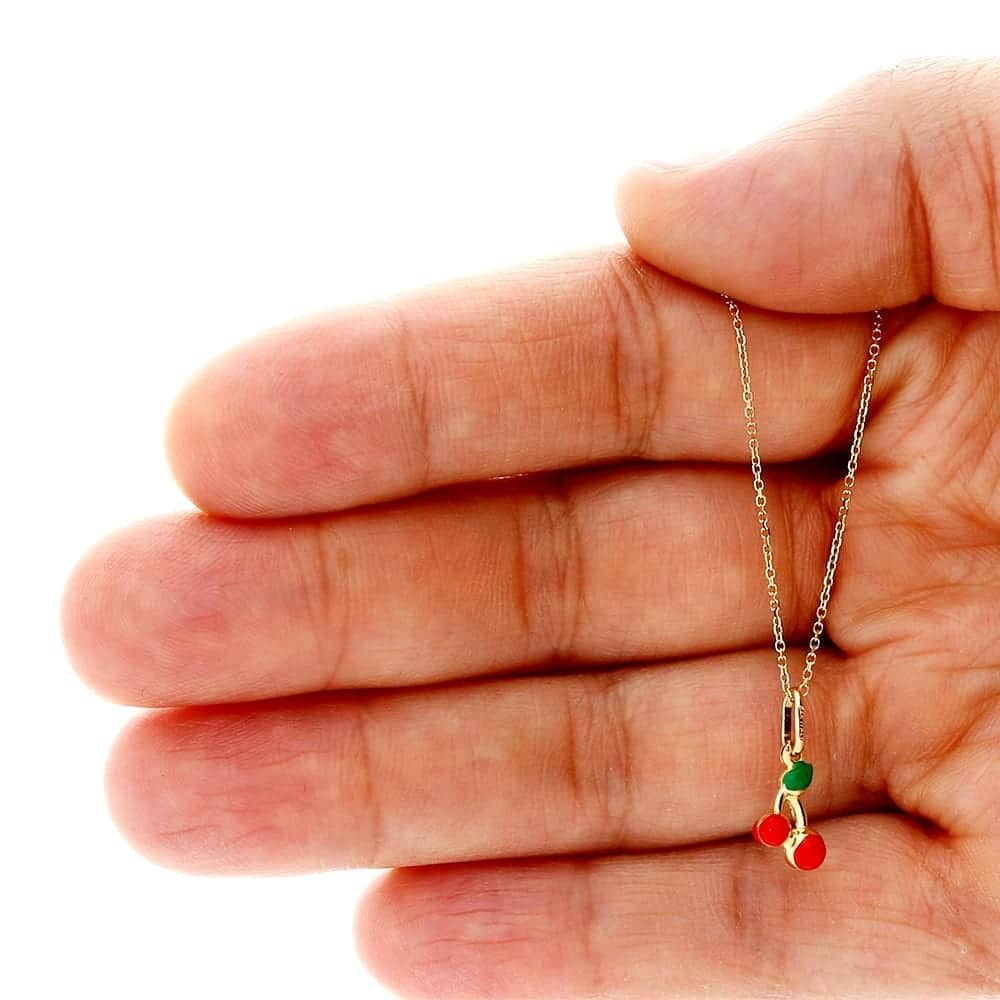 14k Yellow Gold Red Enamel Cherry Kid's Pendant Cable Chain Necklace 16" 18"