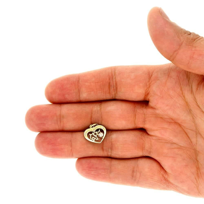 14k Yellow Gold White Zircon #1 Mom Heart Pendant Cable Chain 16-18"